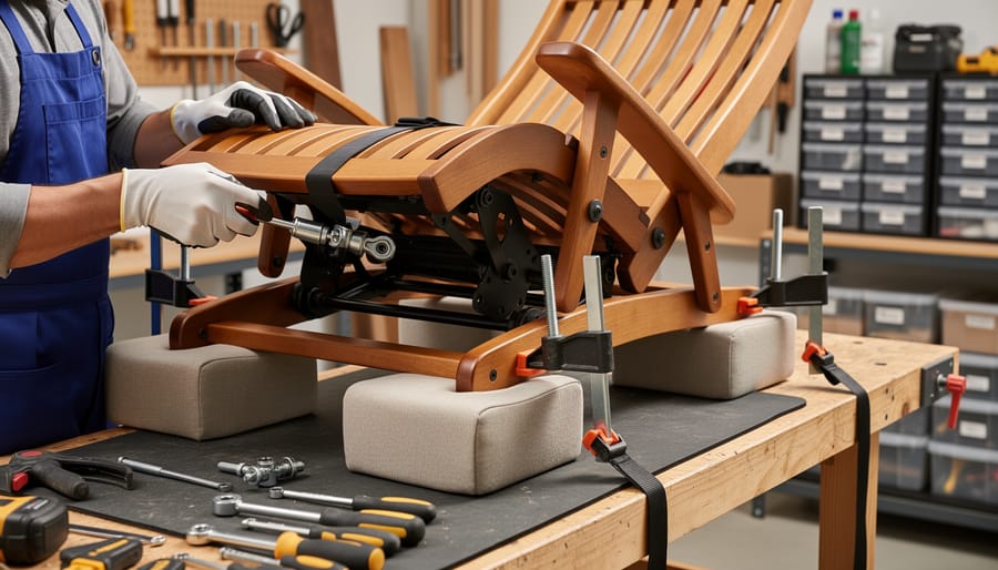 Supported recliner mechanism with u-joint housing exposed on padded blocks in a workshop