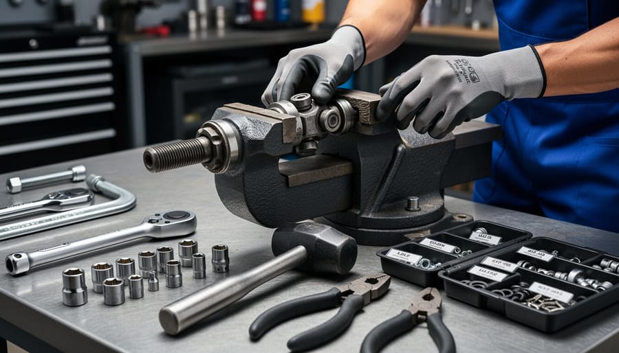 Gloved hands holding tools next to a disassembled recliner mechanism on a workbench