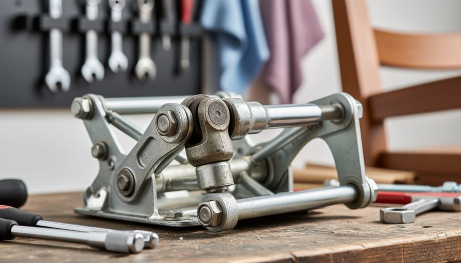 Close-up of a recliner’s exposed universal joint (u-joint) mechanism on a workbench with surrounding tools and furniture parts ready for repair.