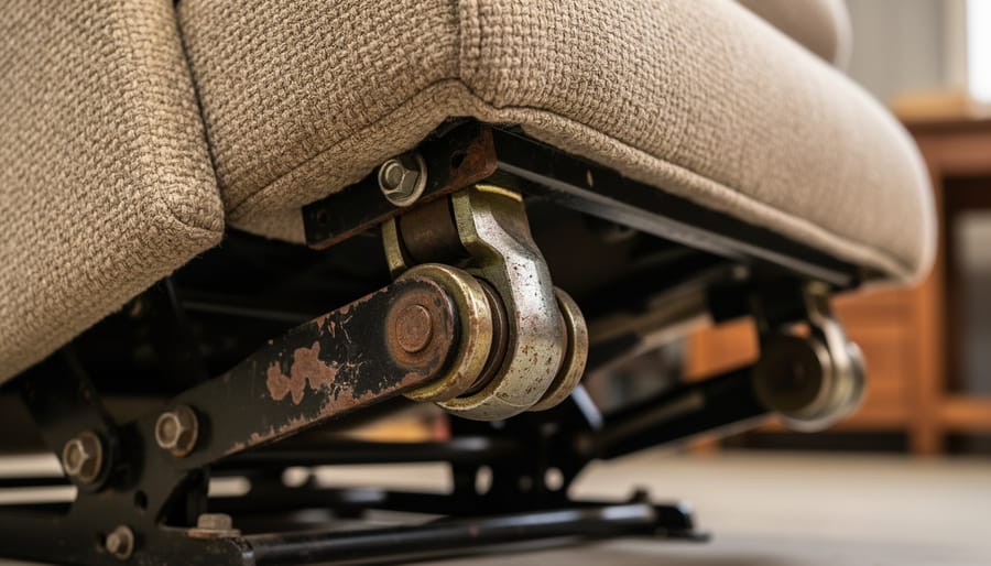 Close-up of a worn, rusted metal u-joint from an adjustable furniture mechanism